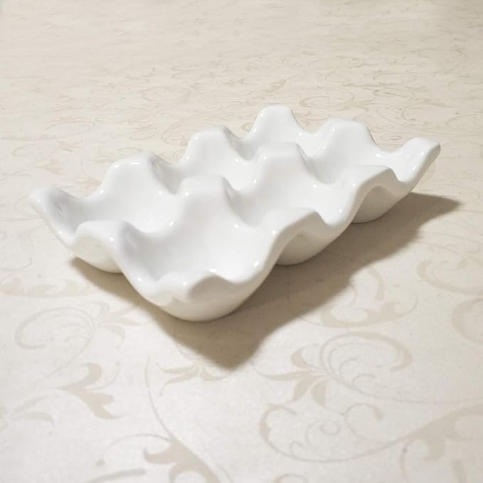 Ceramic Egg Holder Egg Tray Porcelain Fresh Egg Holder for Fridge Countertop Kitchen Storage Half Dozen 6 Cups (White)