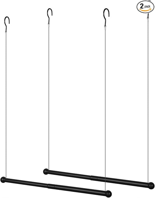 2 Pieces Hanging Closet Rod, Adjustable Width and Height, Clothes Hanging Bar Closet Organizer Rod Double Closet Rod Poles for Hanging Clothes Indoor Outdoor Closet Space-Saving (Black)