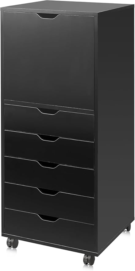 DEVAISE 5-Drawer Wood File Cabinet, Mobile Filing Cabinet with 1 Door, Wide Storage Space for Home Office, Black