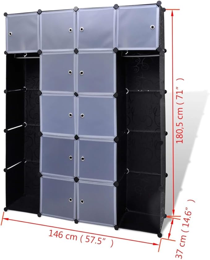 Modular Storage Cabinet Black and White Plastic Large with 14 Compartments for Home Organization and Durable Construction
