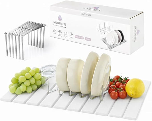 Diatomaceous Stone Dish Drying Mat with Collapsible Steel Rack - Quick Dry Kitchen Counter Set, Space Saving Foldable Dryer