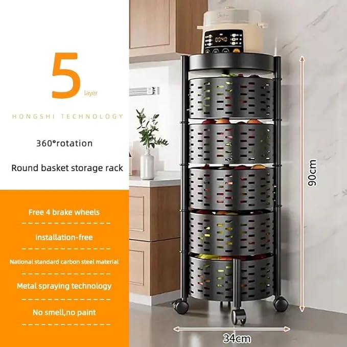SKYMART 5 -Tier Kitchen Storage Rack – Heavy-Duty Carbon Steel Organizer Shelf | Freestanding Multipurpose Rack for Pantry, Countertop & Home Use | Space-Saving Design | Available in Black & White