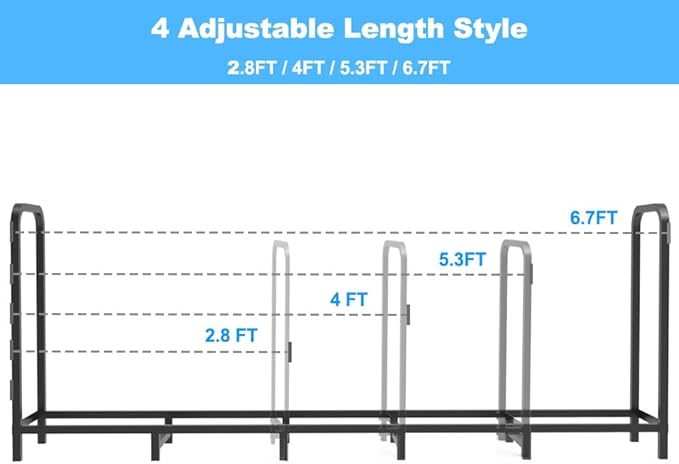 6.7ft Firewood Rack Holder, Adjustable Heavy Duty Fire Log Stacker Stand for Fireplace, Outdoor Indoor Metal Wood Pile Storage Organizer, Patio Logs Stand tool, Black