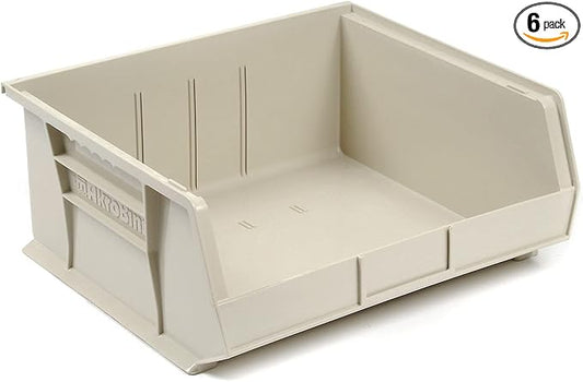 Akro-Mils 30250 AkroBins Plastic Storage Bins, Space-Saving Stackable Bins for Garage, Pantry, Craft Organization, 15" x 16" x 7", Stone, 6-Pack