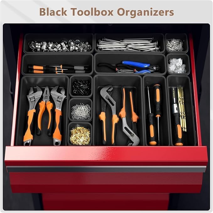 A-LuGei【XX-Large Size【5 Pcs】 Tool Box Organizer Tray Divider【Single Size】 Black Plastic Desk Drawer Organizer Garage Organization for Wrench Plier Hammer Bit Socket Extension Screwdriver Bolt Hex key