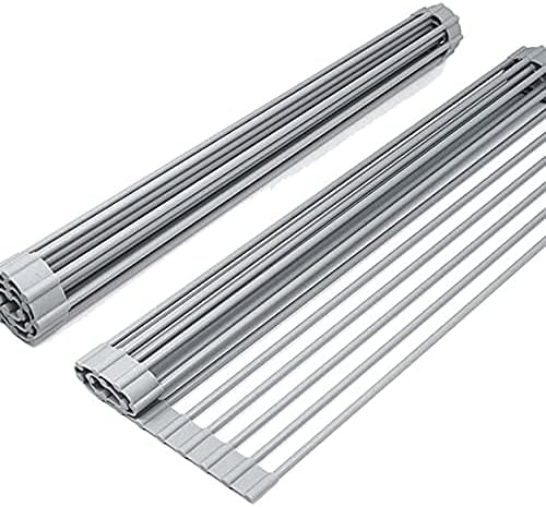 Bigdata&BetterLife Roll Up Dish Drying Rack Simple Large Space Saving Dish Drying Mat with Rack for Kitchen Foldable Silicone Coated Stainless Steel Heavy Duty Dry Rack (Gray, 20.5" x 13.1")