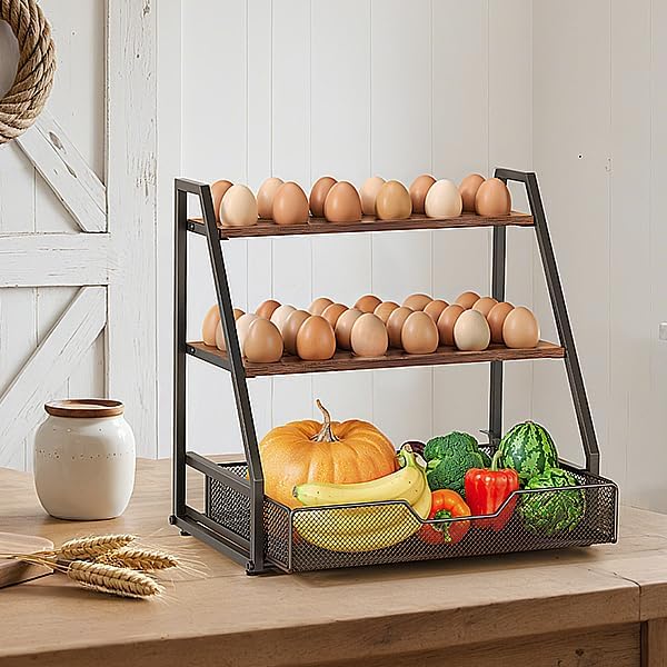 3-Tier Wooden Fresh Egg Holder Countertop With Basket for 36+90 Eggs, Storage for Countertop with Carry Handle for Gathering 150+ Fresh Eggs