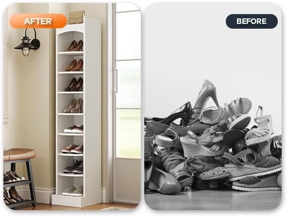 YATINEY 9-Tier Tall Shoe Rack, Wooden Shoe Storage Organizer, Narrow Shoe Cabinet with Removable Shelves for Small Spaces, Holds 9 Pairs of Shoes, for Entrance, Hallway, White SS02WT