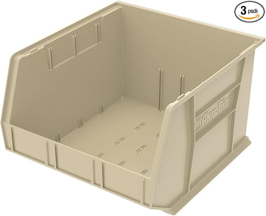 Akro-Mils 30270 AkroBins Plastic Storage Bins, Space-Saving Stackable Bins for Garage, Pantry, Craft Organization, 18" x 16" x 11", Stone, 3-Pack