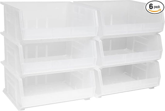 Akro-Mils 30250 AkroBins Plastic Storage Bins, Space-Saving Stackable Bins for Garage, Pantry, Craft Organization, 15" x 16" x 7", Clear, 6-Pack