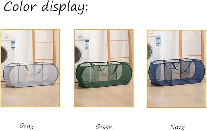 Mesh Laundry Hamper Basket, Sturdy 3 Compartments Laundry Basket, Foldable Pop up Laundry Hamper with Side Pocket for Laundry Room, Bathroom, Kids Room, College Dorm or Travel, Gray