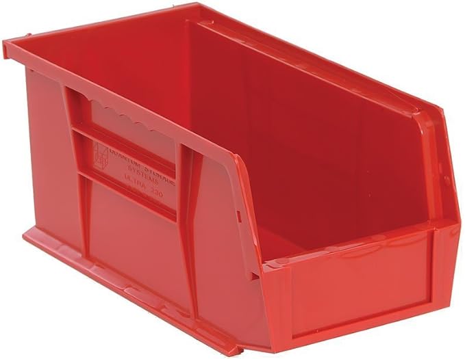 Quantum Storage QUS230 Heavy-Duty Stackable Plastic Storage Bins for Workshop, Warehouse & Garage, Ultra Stack & Hang, 10-7/8" x 5-1/2" x 5", Red, 12-Pack