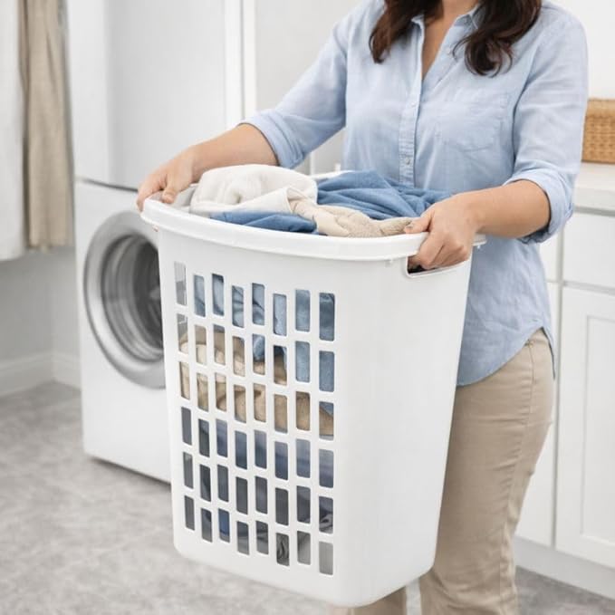 Rectangular Laundry Hamper, Slim Plastic Clothes Basket with Ventilation Holes, Lightweight Open Top Design for Small Spaces, White (2)