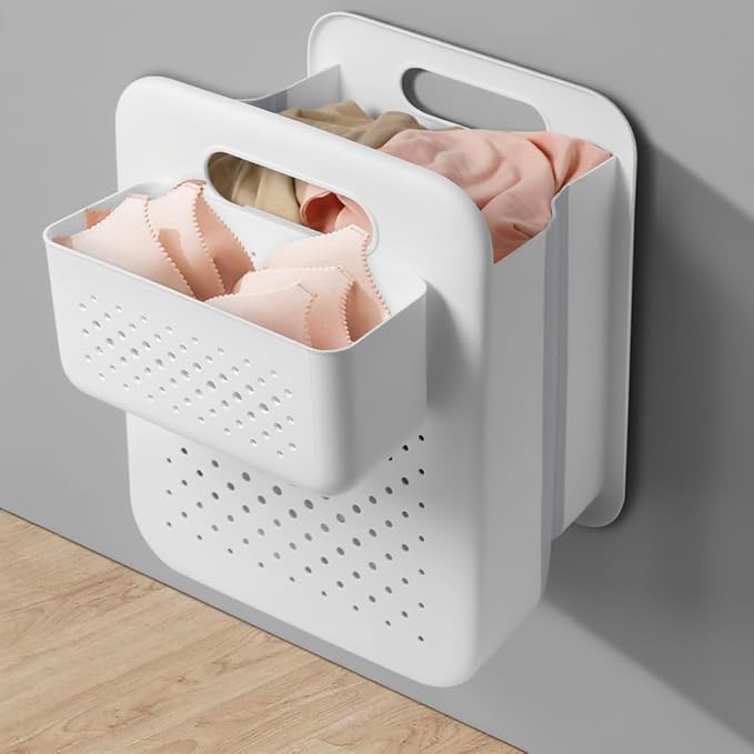 Goderewild Large Collapsible Laundry Basket with Detachable Hanging Organizer, Space-Saving Wall-Mounted Hamper for Home, Dorms, RVs, Main Basket Measures 13" x 9.5" x 17.5" In