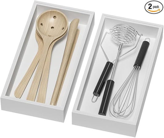 Lixple Bamboo Drawer Organizer, Cutlery Silverware Organizer for Kitchen Drawer, Stackable Utensil Organizer, 2 Pcs Flatware Organizer for Drawer, Wooden Storage Box Tray (White, 12 X 6 X 2 Inch)