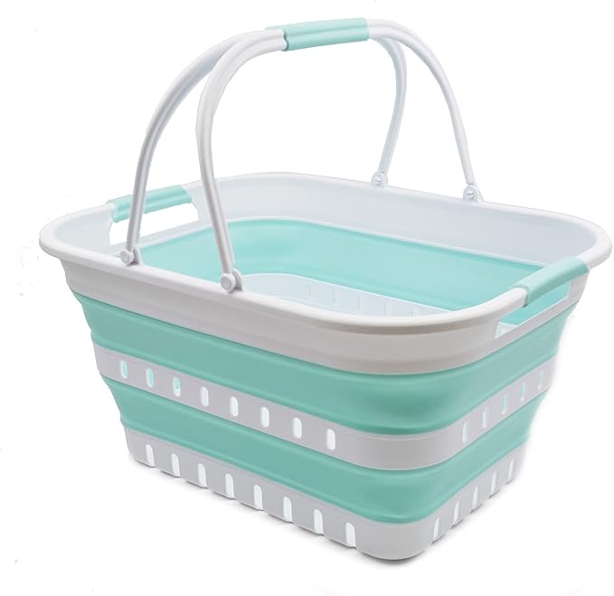 SAMMART Collapsible Laundry Basket with Handles 29L (7.6 Gallon) - Portable Outdoor Picnic Hamper/Crate - Foldable Space Saving Storage Container for Laundry, Camping & Home (White/Lake Green, 1)