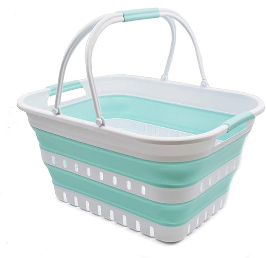 SAMMART Collapsible Laundry Basket with Handles 29L (7.6 Gallon) - Portable Outdoor Picnic Hamper/Crate - Foldable Space Saving Storage Container for Laundry, Camping & Home (White/Lake Green, 1)