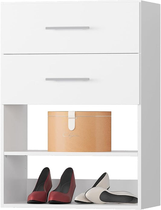 2 Drawer Short Tower Closet Unit, Modular Closet System, Wood Closet System Organizer with Storage for Walk In Closets, Clothing Rack Closet for Hanging Clothes, Bedroom, White, 25.5"W