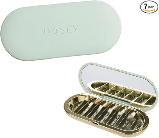 Dosey 7 Day Pill Compact Travel Pill Organizer - Pill Case with 7 Pill Compartments for Medicine Storage & Protection – Stylish & Elegant Medication Organizer with Mirror, Sage