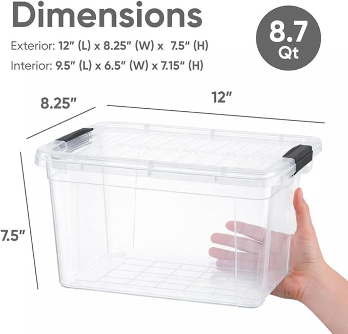 Superio Clear Storage Box with Lid, 8.7 Quart Plastic Container Bins for Organizing, Stackable Crates, BPA Free, Non Toxic, Odor Free, Organizers for Home, Office, School, and Dorm