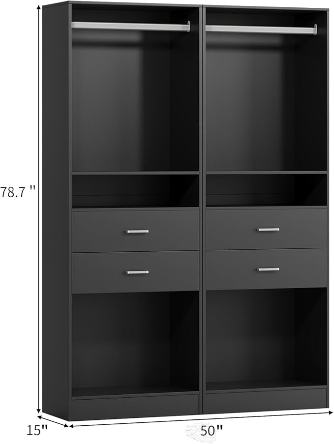 VOWNER 50'' Freestanding Closet System with Drawers & Hanging Rod, Wood Closet Organizer System, Walk-in Closet Shelving Unit, Clothes Garment Rack, Armoire Wardrobe Closet Bedroom Entryway