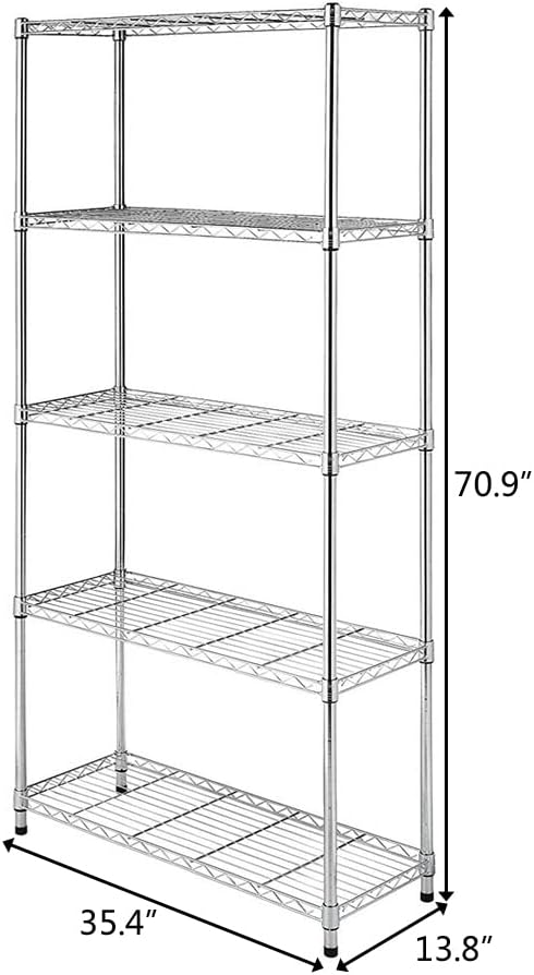 5 Tier Storage Racks Shelving, Heavy Steel Pantry Shelves, Adjustable Wire Shelving Rack, Suitable for Garage, Kitchen, Bathroom, Office, 35" W x 14" D x 71" H, Chrome