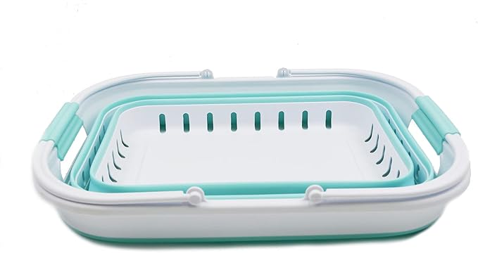 SAMMART Collapsible Laundry Basket with Handles 29L (7.6 Gallon) - Portable Outdoor Picnic Hamper/Crate - Foldable Space Saving Storage Container for Laundry, Camping & Home (White/Lake Green, 1)