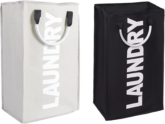 Laundry Basket, Durable Handles for Easy Carry, Collapsible Cloth Baskets, Hampers for College Dorms, Foldable Fabric Hamper Bags (1 Black & 1 Light Gray)