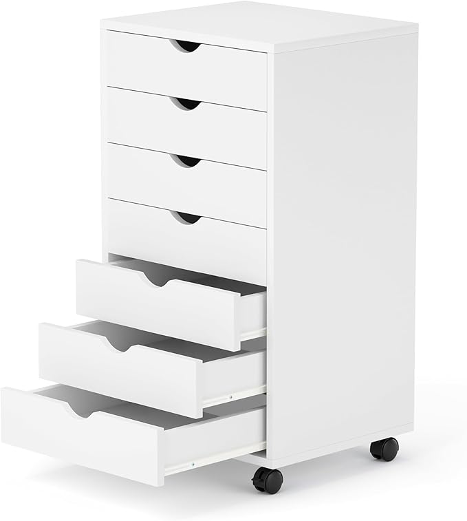 7 Drawer Chest, Storage Cabinet Dressers with Wheels, Dressers Storage Cabinets, Dresser Mobile Cabinet with Wheels, Room Organizer, Small Drawers Wood Organization Furniture for Office, Home, White