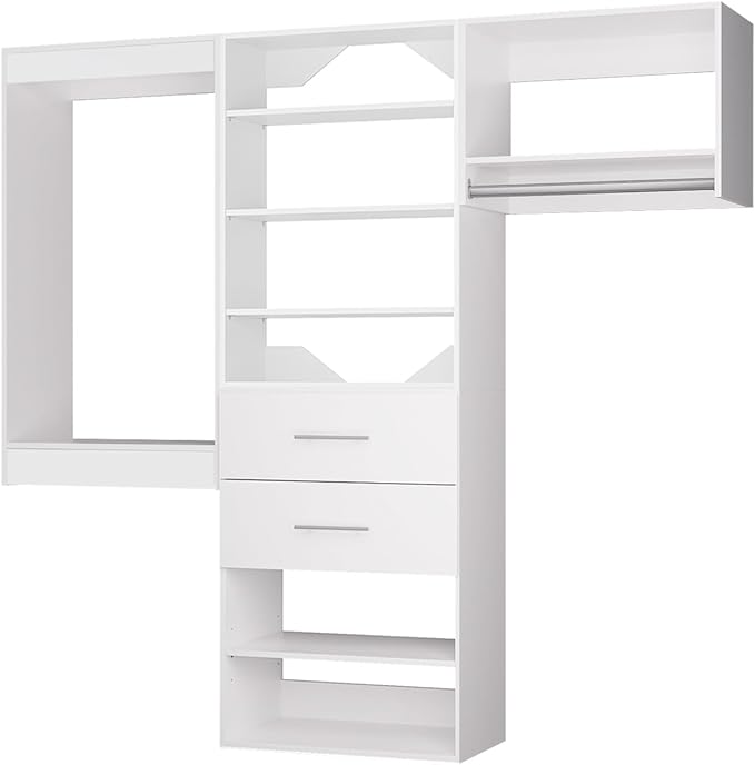 ROOMTEC Modular Closet System, 78" Wall Mounted Modern Closet Organizer with Hanging Rods and Drawers, Wooden Tower for Walk-In Closets, Wardrobe Storage Kit, White