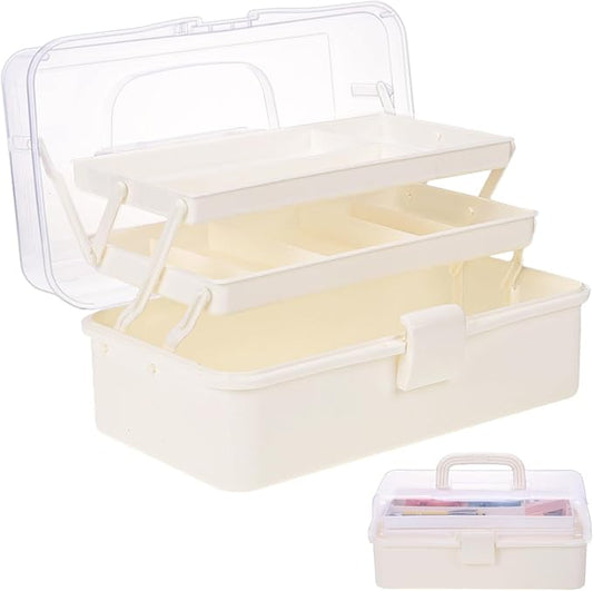 Plastic Tool Box with Handle 3-Layer Craft Organizers Tackle Box Multipurpose Portable Folding Toolbox for Sewing Supplies, Medicine, Art Supplies, Nails and Hair Accessories White 12.5inch