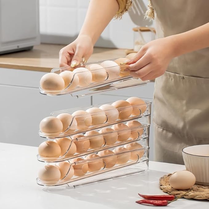 Egg Holder for Fridge,Stackable 1-4 Tiers Container,Auto Rolling Fridge Organizer for Refrigerator,Space-Saving Dispenser Holder,Refrigerator Egg Rack Transparent (2 Packs)