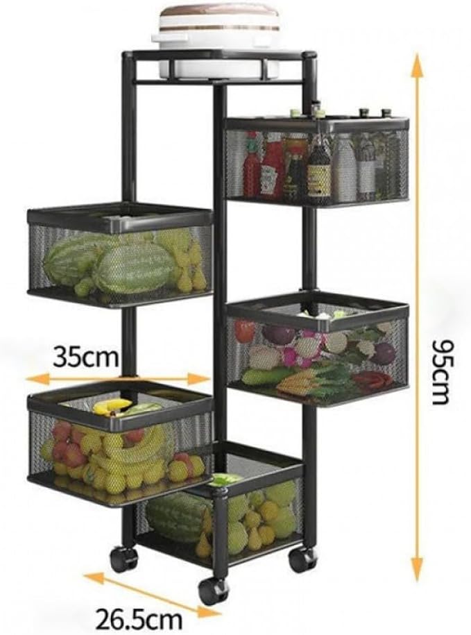 Rotating Rack with Lockable Casters & Removable Stainless Steel Basket, Fruit & Vegetable Storage Rack for Kitchen, Bathroom or Bedroom (Black, 5 Tier)