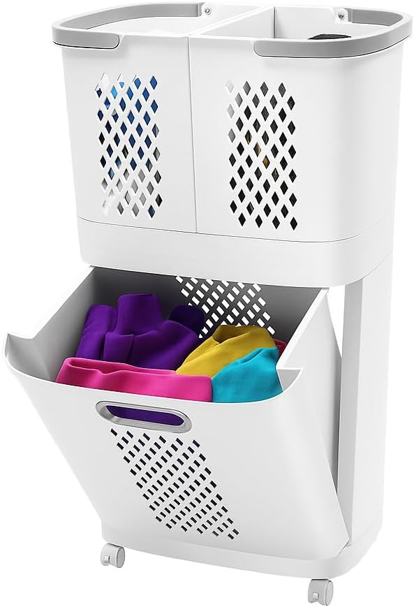 2 Tier Laundry Basket with Wheels & Handle, Stackable & Removable Laundry Basket Plastic Rolling Laundry Baskets Plastic Laundry Hamper, Vertical Laundry Sorter for Bathrooms Bedrooms