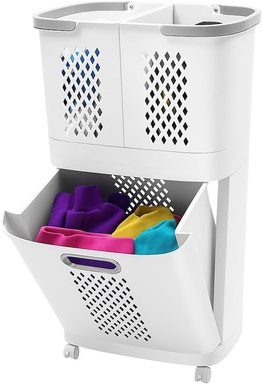 2 Tier Laundry Basket with Wheels & Handle, Stackable & Removable Laundry Basket Plastic Rolling Laundry Baskets Plastic Laundry Hamper, Vertical Laundry Sorter for Bathrooms Bedrooms