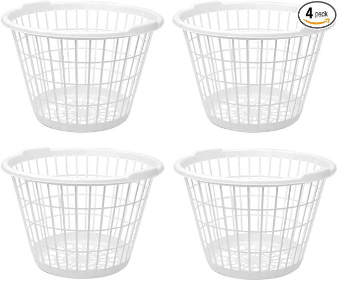 United Solution White Plastic Laundry Basket, 1 Bushel Capacity, Lightweight Round Design, 17.5 x 17.5 x 12 Inches, Set of 4