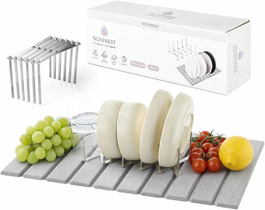 Diatomaceous Stone Dish Drying Mat with Collapsible Steel Rack - Quick Dry Kitchen Counter Set, Space Saving Foldable Dryer