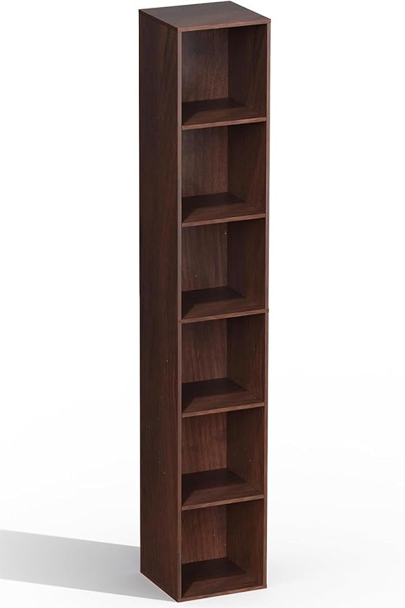 6 Cube Storage Organizer, Narrow Open Shelf Bookcase, Freestanding 6 Tier Low Display Bookshelf for Home Office, Living Room, Bedroom, Dark Brown & Black Walnut