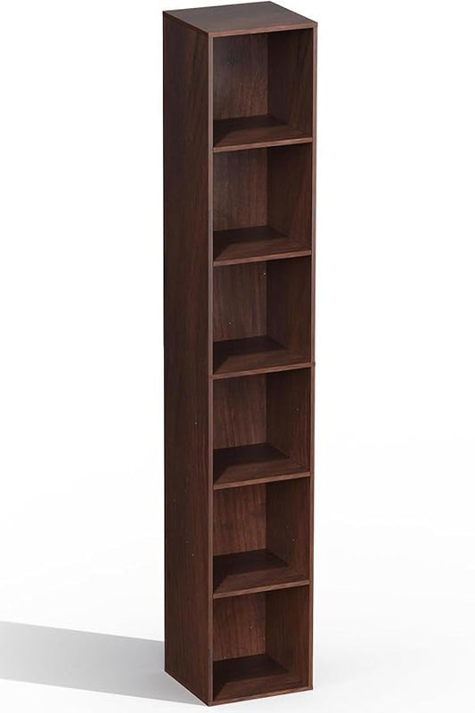 6 Cube Storage Organizer, Narrow Open Shelf Bookcase, Freestanding 6 Tier Low Display Bookshelf for Home Office, Living Room, Bedroom, Dark Brown & Black Walnut
