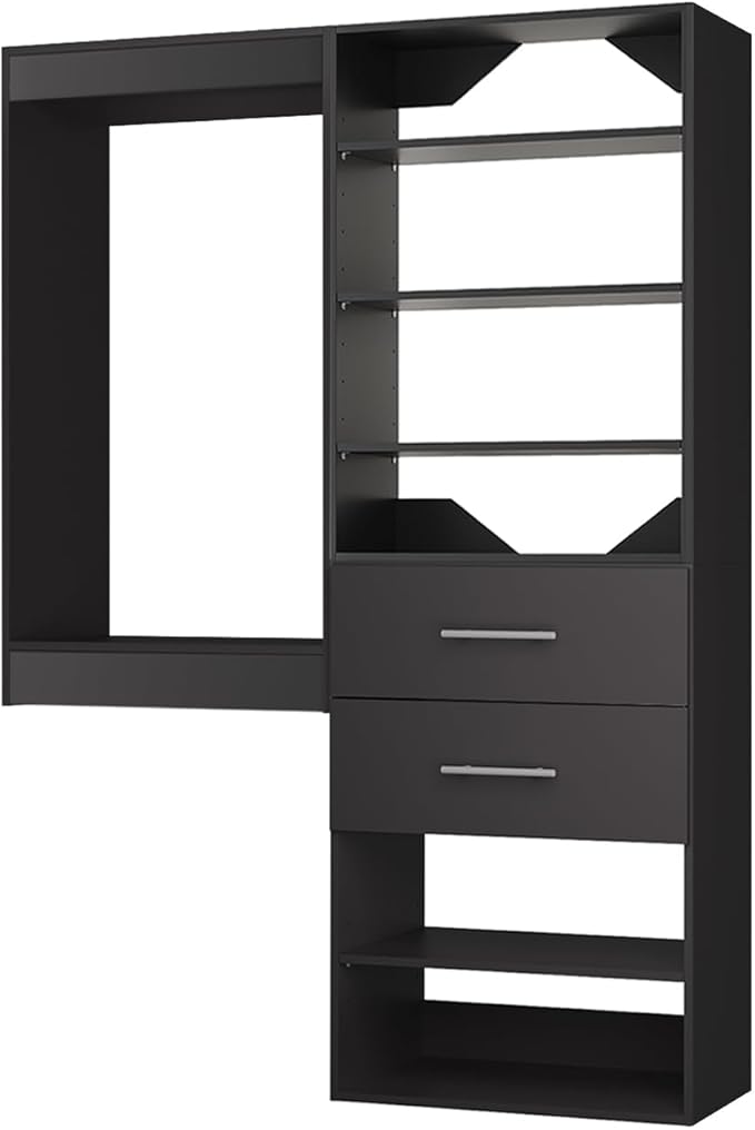 ROOMTEC Modular Closet System, 49" Wall Mounted Closet Organizer with Hanging Rods and Drawers, Wooden Tower for Walk-In Closets, Wardrobe Storage Kit, Black