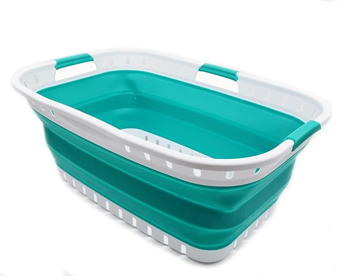 SAMMART 44L Collapsible Plastic Laundry Basket - Foldable Pop Up Storage Container/Organizer - Portable Hamper - (1, White/Bluish-Green), Size : 25.4 x 17.3 x 10.2 inches