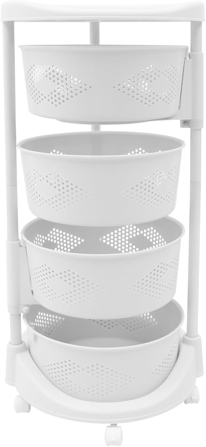 Fruit Basket for Kitchen, 4 Tier Circular Rotating Basket Large Storage Rack with Wheels, Standing Shelf Storage, Multi-Layer Storage Shelves with Top Lid for Living Room, Office, White (4-Tier)