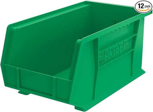 Akro-Mils 30240 AkroBins Plastic Storage Bins, Space-Saving Stackable Bins for Garage, Pantry, Craft Organization, 15-Inch x 8-Inch x 7-Inch, Green, 12-Pack