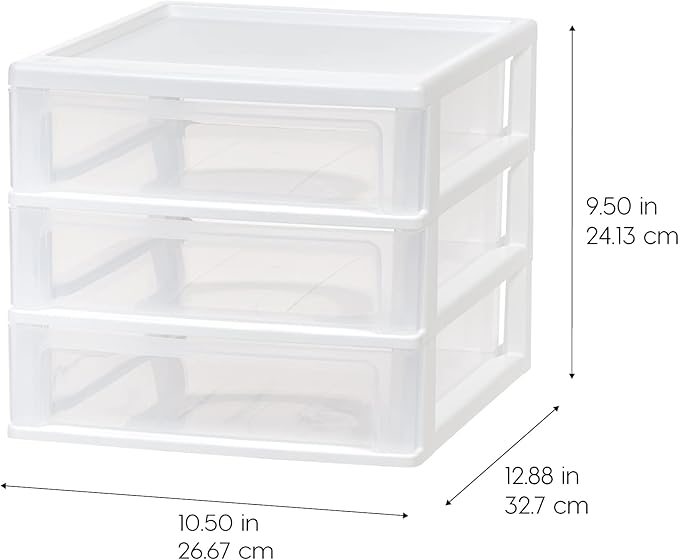 IRIS USA Plastic Stacking Desk Top 3-Drawer Storage Organizer, 2-Pack, for Makeup Vanity Nail Polish Bathroom Stationery Art Craft Supplies Kitchen Office Garage and Small Organization, Medium, White