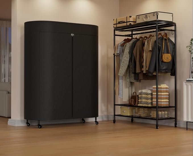 Clothes Rack with Cover, Heavy Duty Portable Closet for Hanging Clothes, Rolling Clothing Closet, Garment Rack with Wheels&Side Hooks, Closet Organizers and Storage with Black Cover, Max Load 380LBS