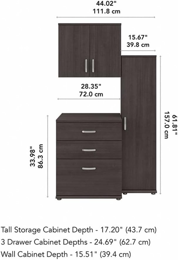 Pemberly Row Modular Storage Set, 44W 3Pc Storm Gray Finish, Includes Tall Narrow Cabinet, Floor Cabinet with Drawers, Wall Cabinet with Doors, Adjustable Shelves, Durable Home or Office Organization
