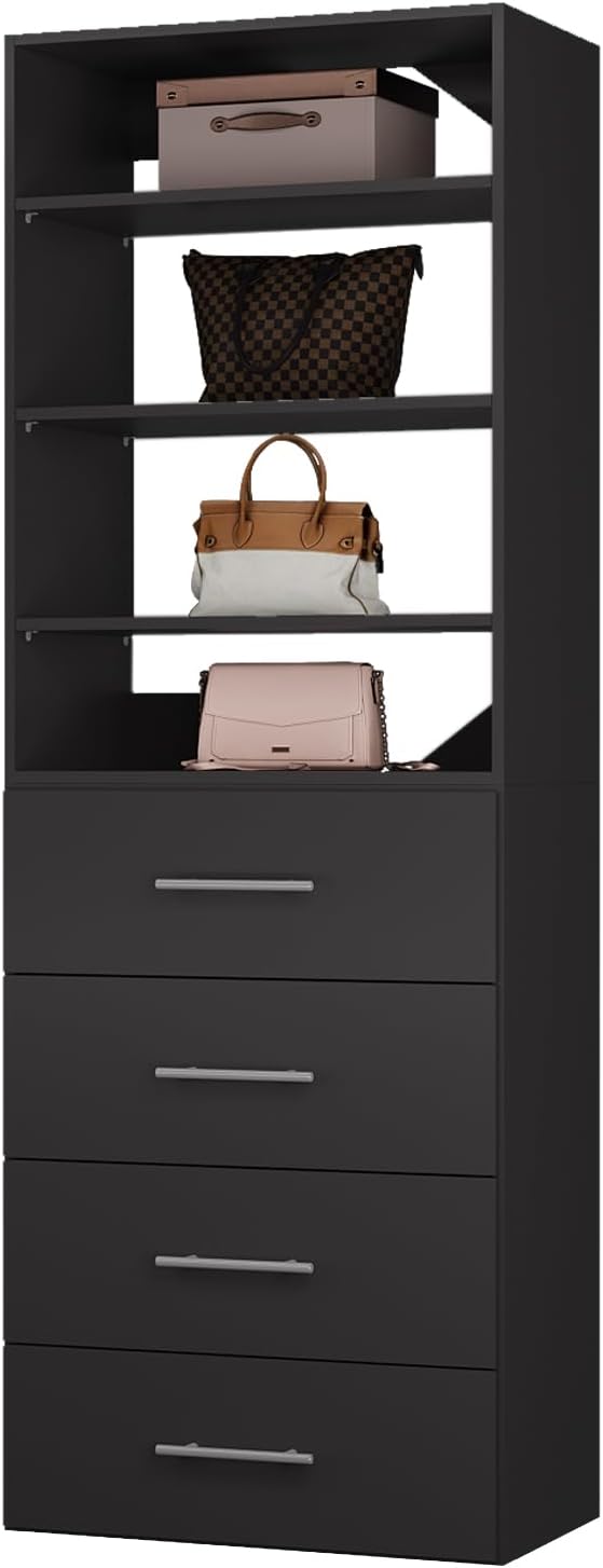 ROOMTEC Modular Closet System, 31.5" 4 Drawer Shelf Closet Tower Wall-Mounted Closet Organizer, Wooden Tower for Walk-In Closets, Wardrobe Storage Kit, Black
