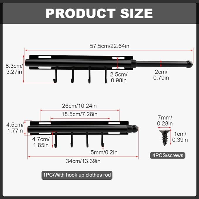 12 Inch Valet Rod for Closet Pull Out, Retractable Slide Out Clothes Hanger with 4 Hooks, Closet Rods for Hanging Clothes Laundry Room, Bedroom, Bathroom(COLOR:Black)