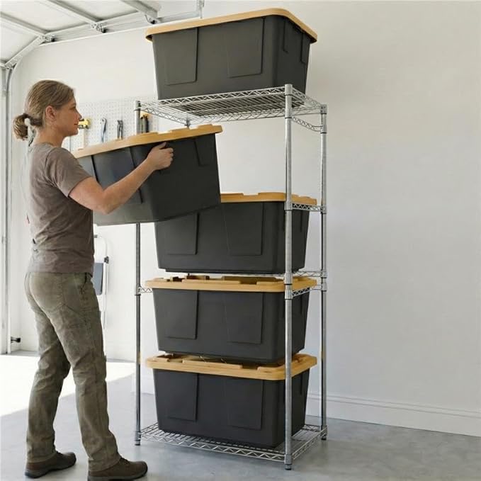 MonsterRAX 5-Tier Side-Load Heavy Duty Garage Slide Bin Storage Rack for 27-Gallon Totes. Industrial metal organization, 250lb capacity, NSF Certified. (Bins not included) (Black) (Silver)