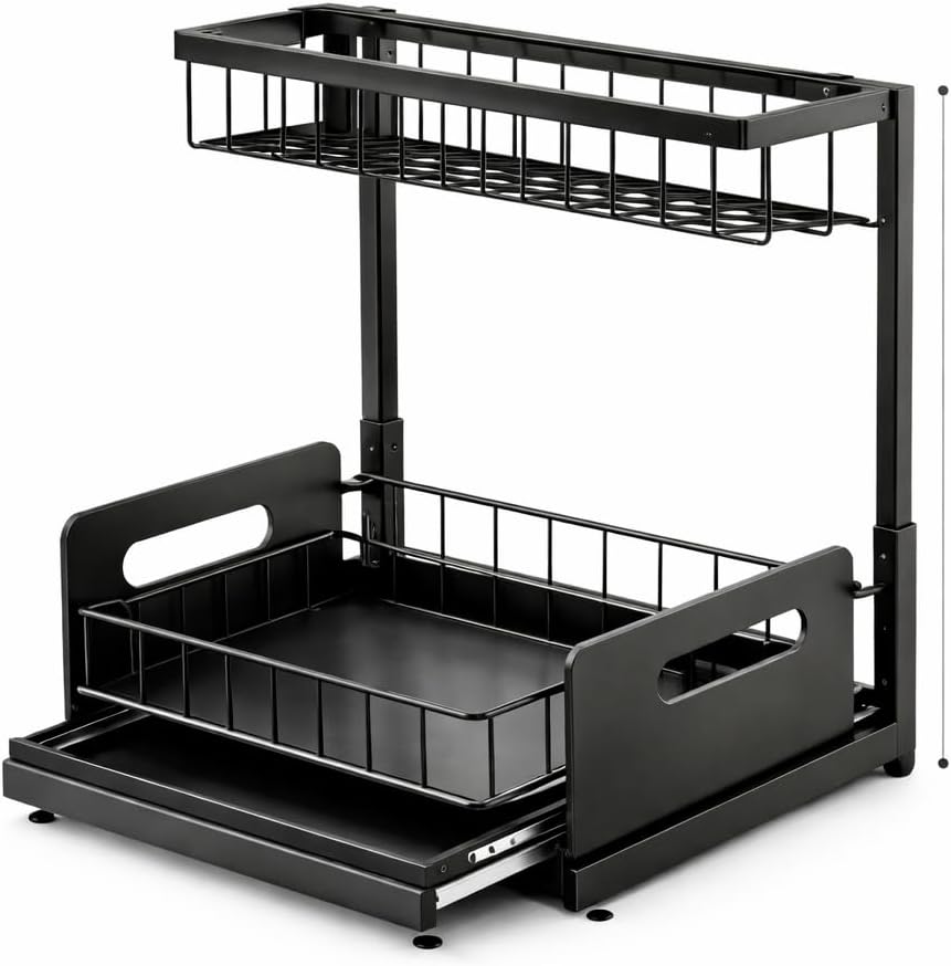 Under Sink Organizer 2 Tier Sliding Storage Rack – Carbon Steel Pull Out Cabinet Shelf for Kitchen & Bathroom, Heavy Duty Metal Under Cabinet Organizer.